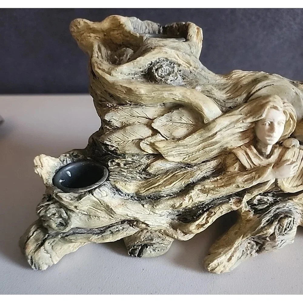 Vintage Angel Wood Resin Candlestick Holder Playing Harp Taper